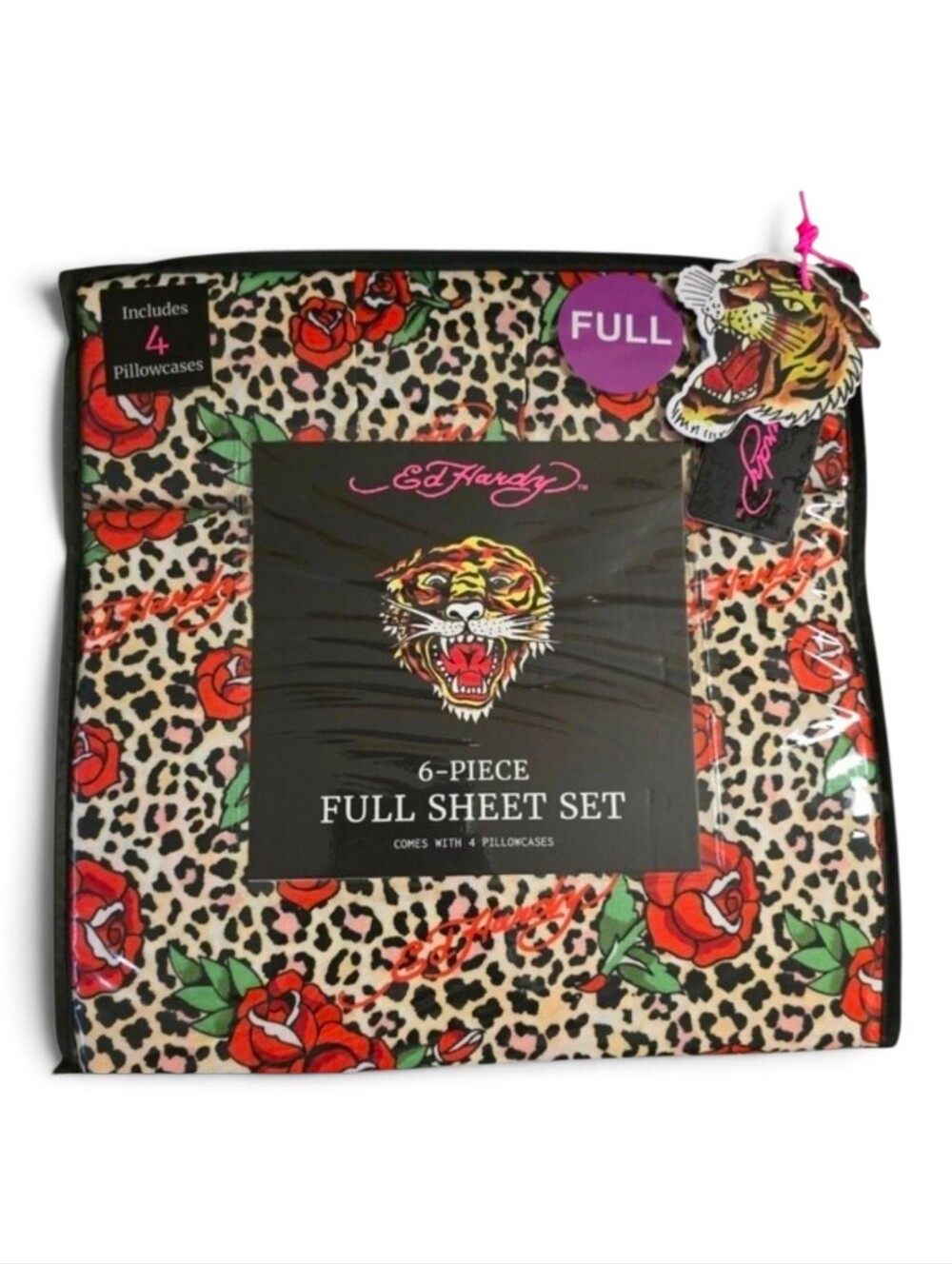 Ed Hardy 6 Piece Rose Cheetah Leopard Print Full Sheet Set